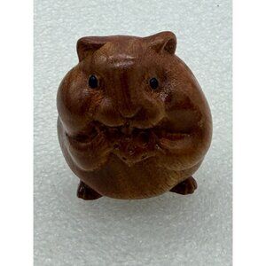 Hand Carved Wooden Hamster Eating Cheese Miniature Figurine